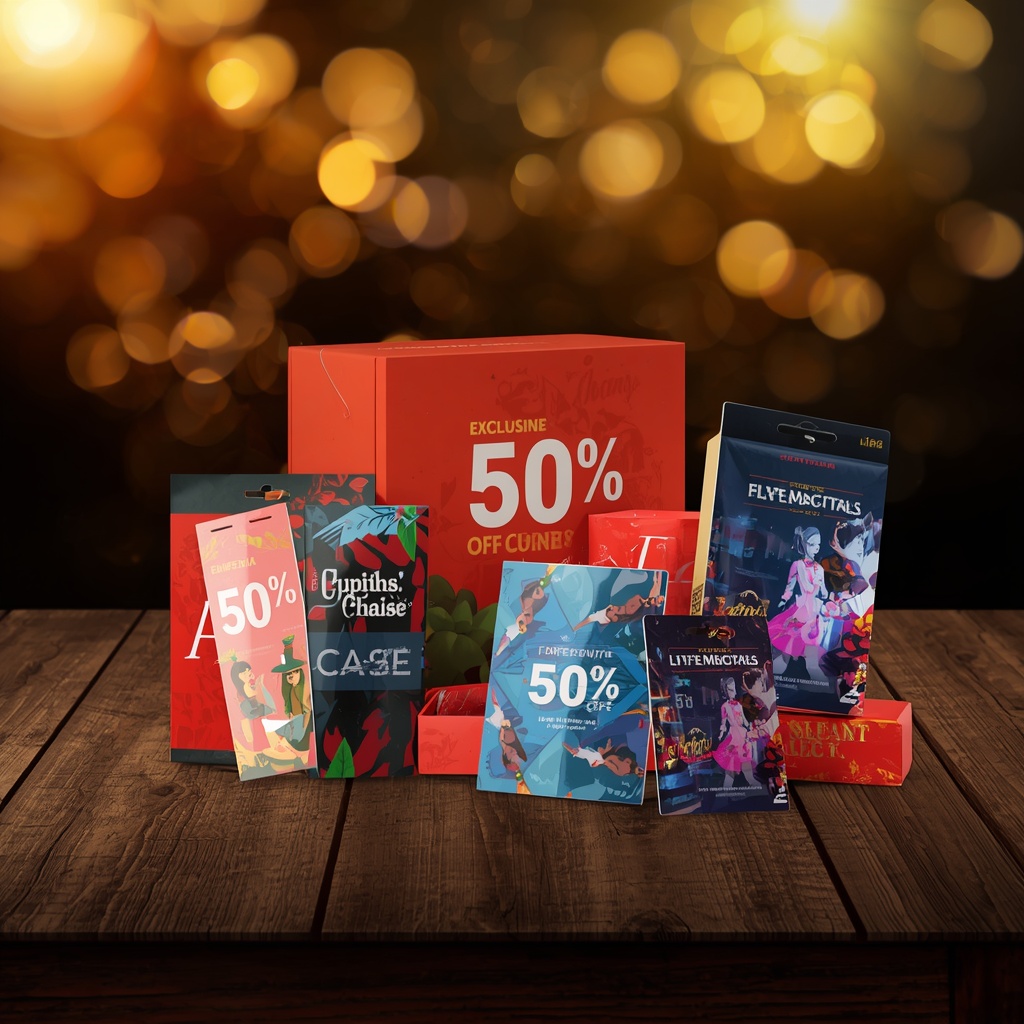 A vibrant display of exclusive discount cards and promotional gift boxes arranged on a dark wooden table with golden lighting and bokeh background
